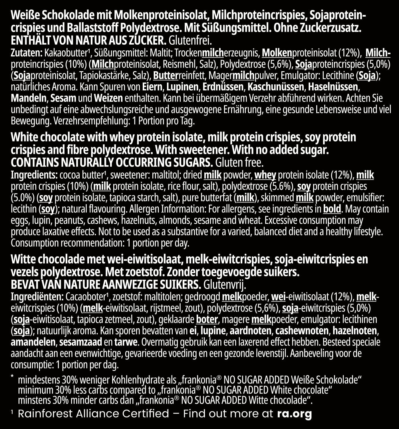 frankonia CHOCOLAT POWER MOTION sans sucre ajouté - Chocolat blanc croquant à haute teneur en protéines et faible en glucides, 90 g