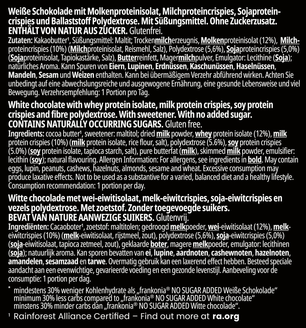 frankonia CHOCOLAT POWER MOTION sans sucre ajouté - Chocolat blanc croquant à haute teneur en protéines et faible en glucides, 90 g