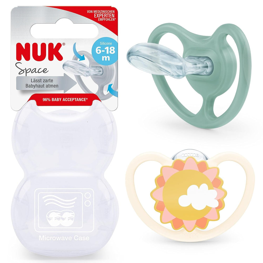 NUK Space Sucette pour bébé 6-18 mois, très grandes ouvertures pour peaux sensibles, silicone sans BPA, motif zèbre, lot de 2