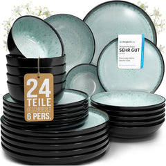 Service de table 24 pièces en grès cérame pour 6 personnes, design Ibiza, GAGNANT DU TEST. Un magnifique ensemble de vaisselle méditerranéenne comprenant des bols et des assiettes. Service de table Pure Living, vert sauge.
