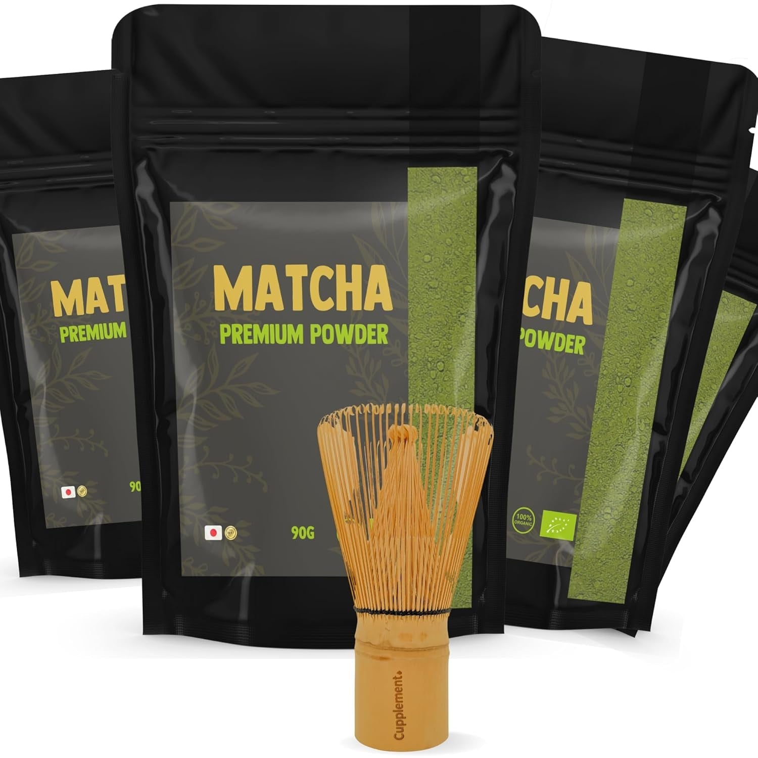 Cupplement Matcha 90 grame bio - Ceai verde pudră de cea mai înaltă calitate - Fără bătător de bambus și tel - Culunary - Set pentru începători - Latte - Bătător - Japonia - Pudră - Ceai - Tel - Pungă - Smoothie