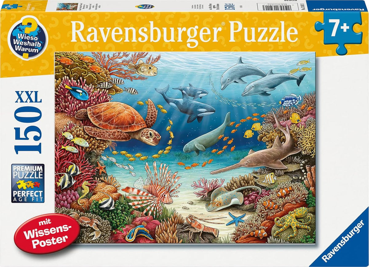Ravensburger children's puzzle 13411 - Creaturi marine pe reciful de corali - De ce? De ce? De ce? Puzzle 150 piese XXL + poster de cunoștințe, pentru copii de la 7 ani Puzzle Naty Shop Titlu implicit