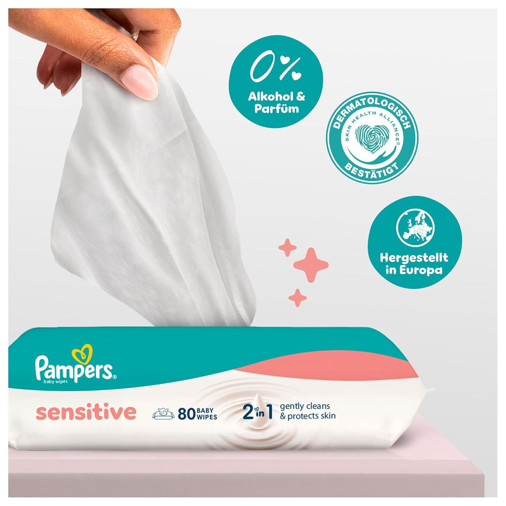Lingettes humides Pampers Sensitive, 6 paquets de 80 lingettes = 480 lingettes, non parfumées, pour un nettoyage doux et doux
