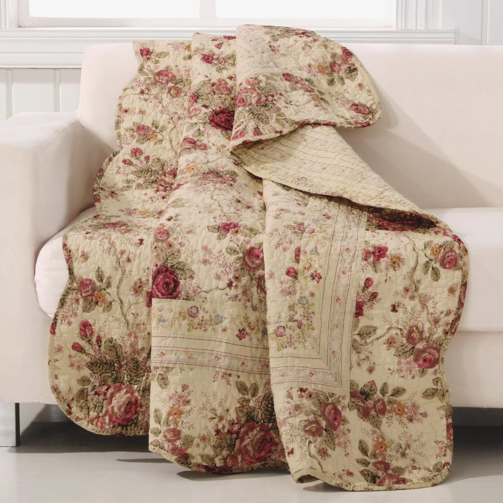 Greenland Home Antique Rose - model floral clasic, tradițional - 100% bumbac, matlasată, pătură de aruncat, 127 X 152,4 cm, ecru Paturi si Cuverturi Greenland Home Fashions