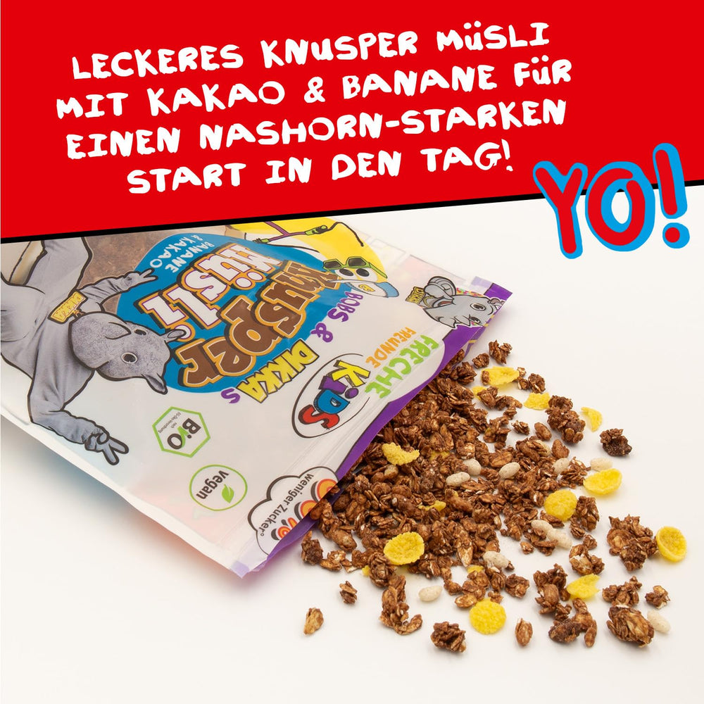 FRECHE FREUNDE KIDS, Bobs & DIKKAs Muesli croquant à la banane et au cacao, Muesli croquant au chocolat pour enfants, faible teneur en sucre, sans additifs, 100 % végétalien, 6 pièces (6 x 280 g)