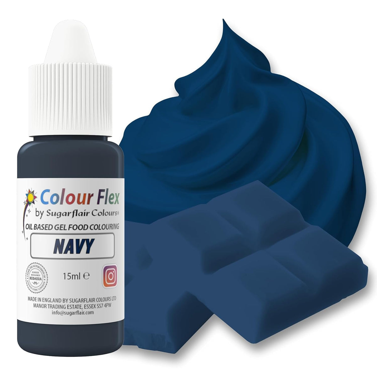 Colorant alimentaire à base d'huile Sugarflair Colourflex, bleu marine, colorant alimentaire liquide hautement concentré, colorant alimentaire pour crème au beurre, chocolat, pâte, fondant, glaçage et plus encore - 15 ml