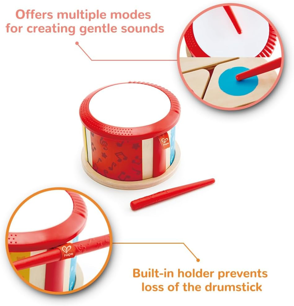 Hape tambur din lemn cu două fețe | jucărie muzicală pentru copii mici Jucarii Bebe Naty Shop