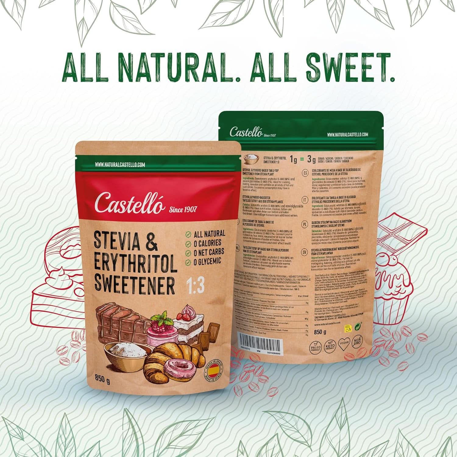 Stevia + Erythritol 1:3 Édulcorant, 1G = 3G Sucre, 850 grammes Édulcorants Naty Shop