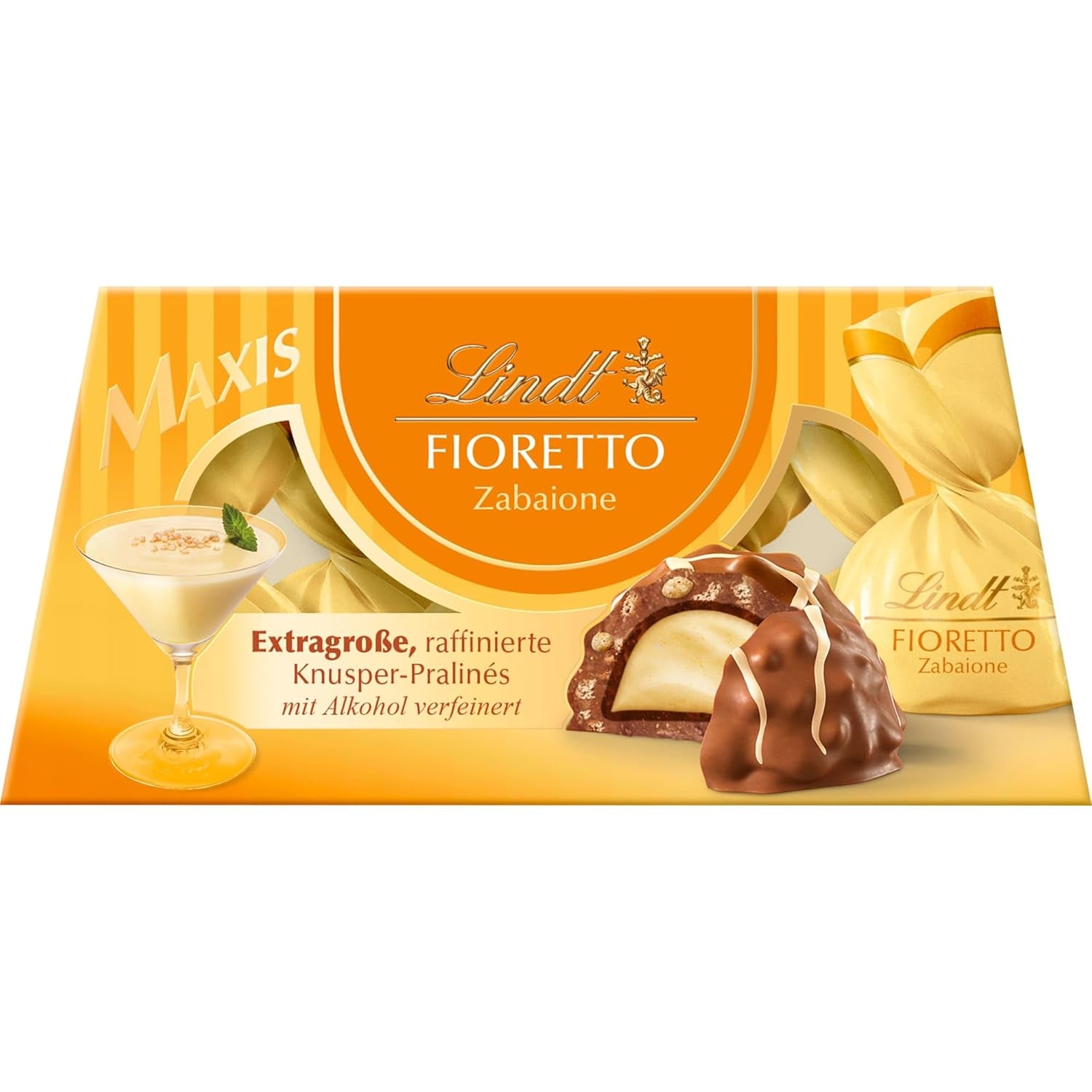 Chocolat Lindt | FIORETTO Coffret cadeau Zabaione | 138g | 6 pralines au chocolat au lait fourrées à la truffe Zabaione et topping croustillant, contenant de l'alcool | Cadeau chocolat