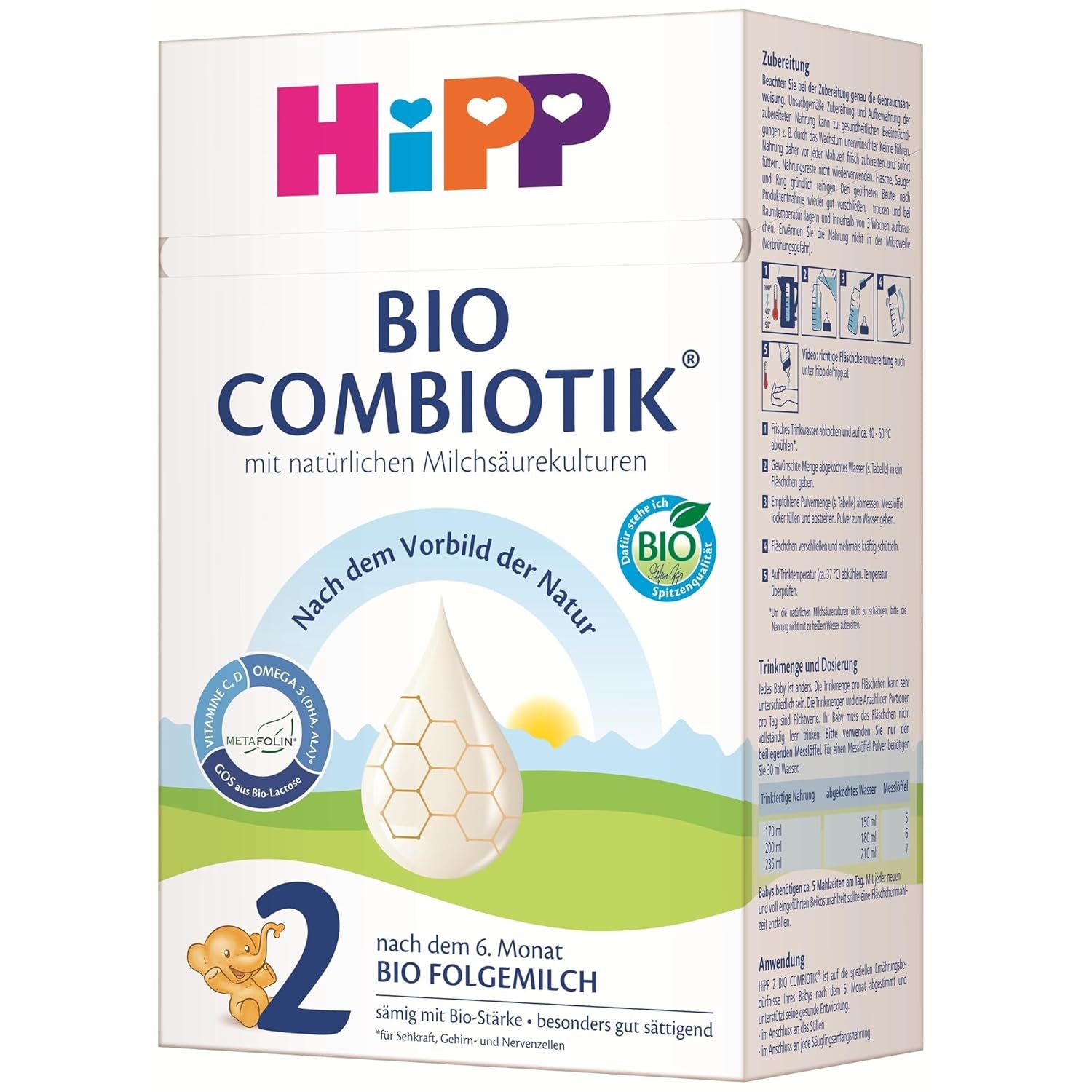 HiPP 2 Bio Combiotik (4 x 600g), lait de suite après 6 mois, avec amidon, cultures naturelles d'acide lactique, GOS, Oméga-3 (DHA, ALA), de la meilleure qualité biologique