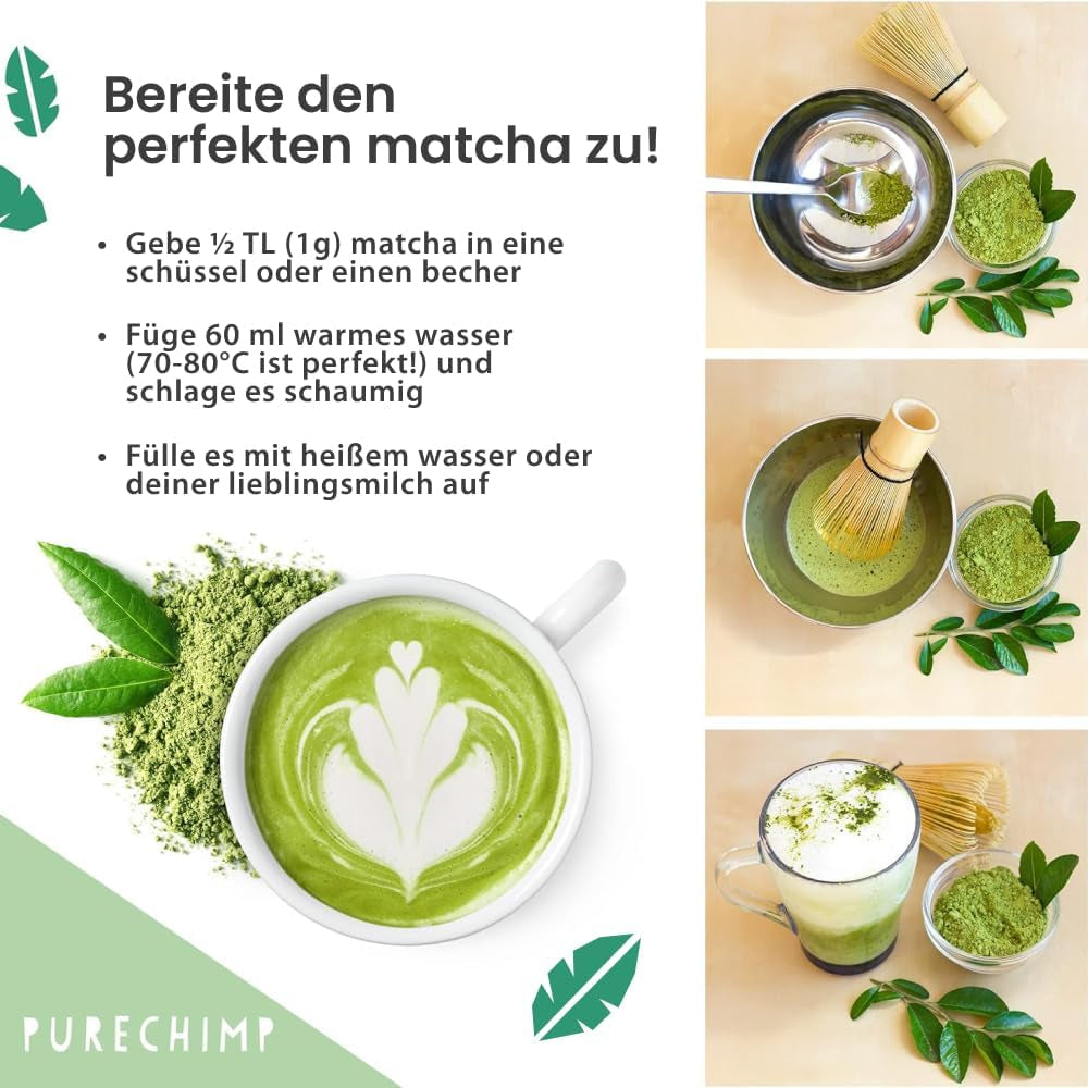 Pudră de matcha Purechimp de calitate ceremonială 50 g. Pudră de ceai 100% pură din culturi umbrite pentru latte, infuzii și rețete. Borcan reciclabil. Bogat în antioxidanți.