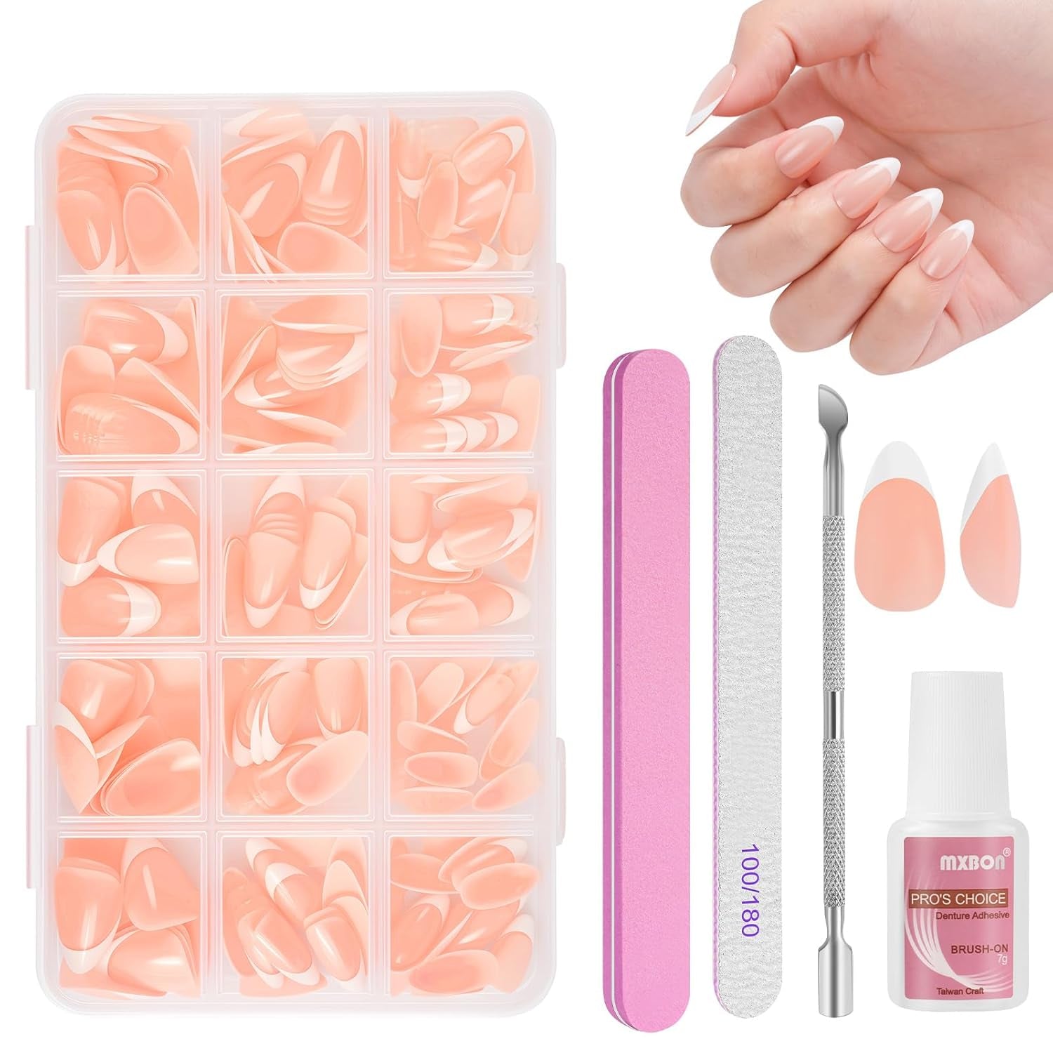 Lot de 240 faux ongles à pression française, 12 tailles, faux ongles avec colle pour femmes et hommes (blanc nu amande moyenne)