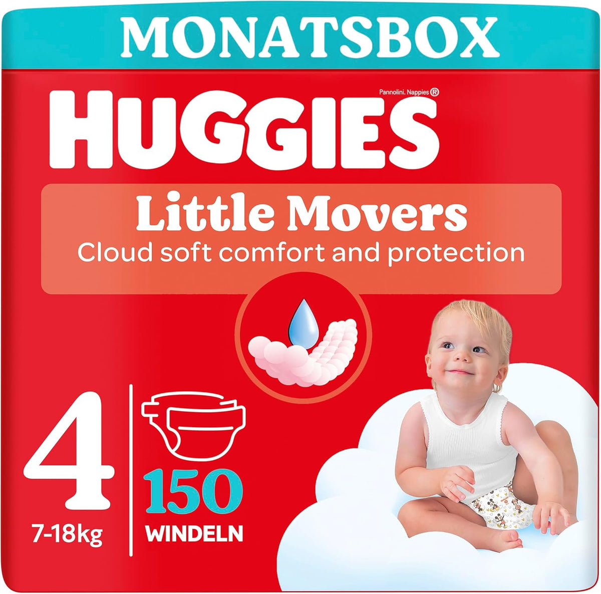 Couches pour bébé Huggies Little Movers, motif Disney, taille 4, 150 pièces (3 x 50), boîte mensuelle