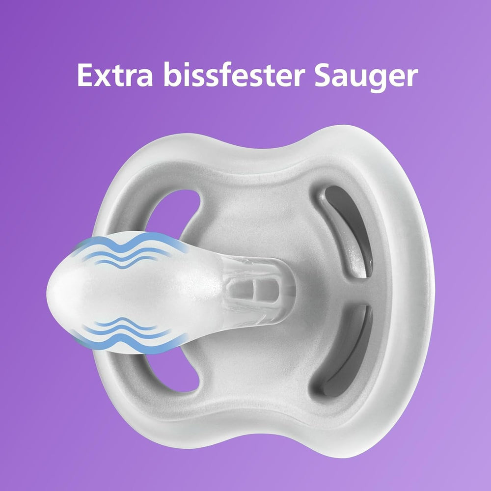 Sucette Philips Avent Ultra Air - lot de 2 sucettes respirantes sans BPA pour bébés à partir de 18 mois, comprenant étui de transport et stérilisation, Baleine/Baleine (Modèle SCF349/24)
