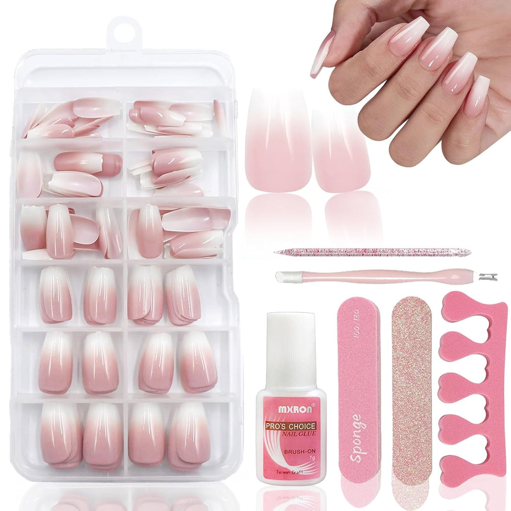 120 pcs faux ongles rose chair avec colle à ongles – 12 tailles courtes ovales carrées à presser – beaux ongles, colle sur ongles artificiels – convient pour la conception d'ongles DIY des femmes (dégradé rose Squaval)