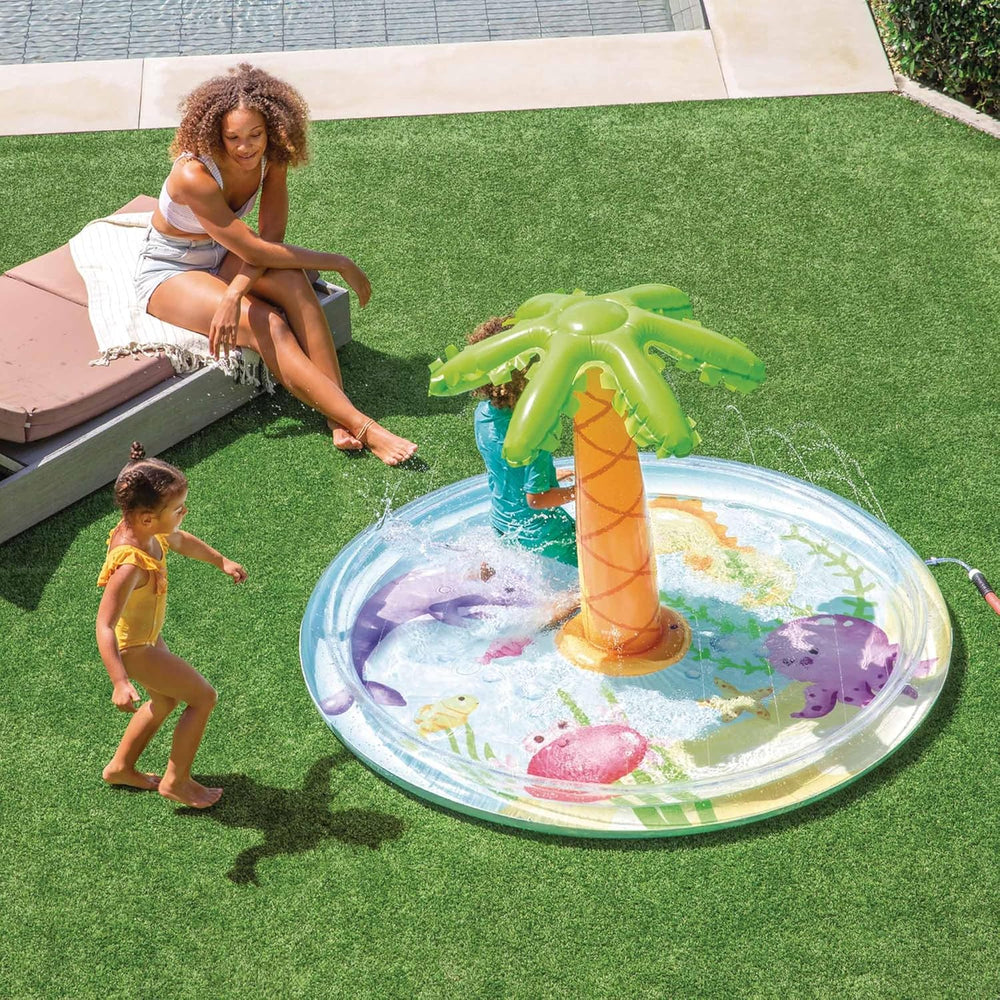 Piscine gonflable pour enfants Intex avec jet de paume, Ø 173 x 104 cm, avec pulvérisateur d'eau, raccord de tuyau, capacité 166 L, design tropical, vinyle résistant, pour enfants à partir de 2 ans (56433)
