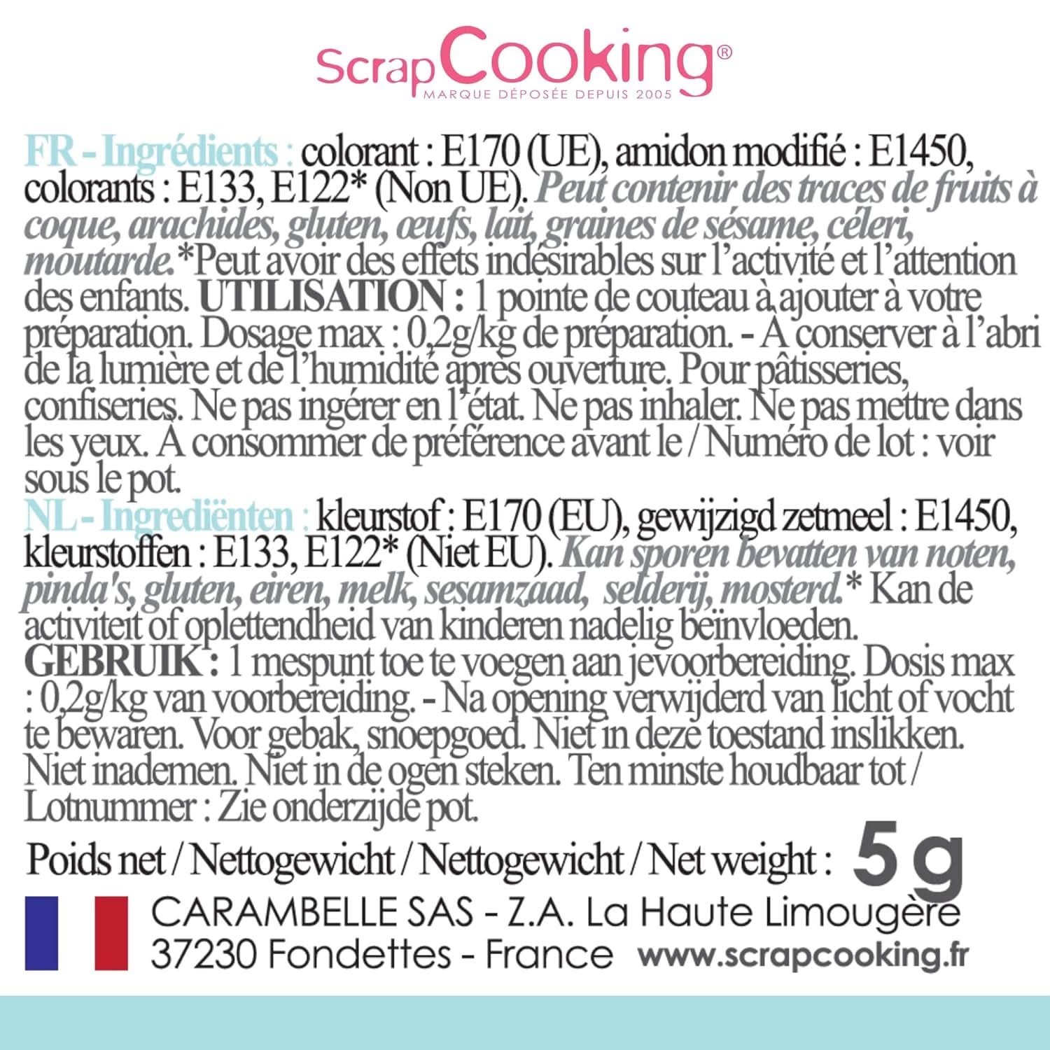 Scrapcooking, colorant alimentaire en poudre, bleu pastel, 5 grammes Naty Shop