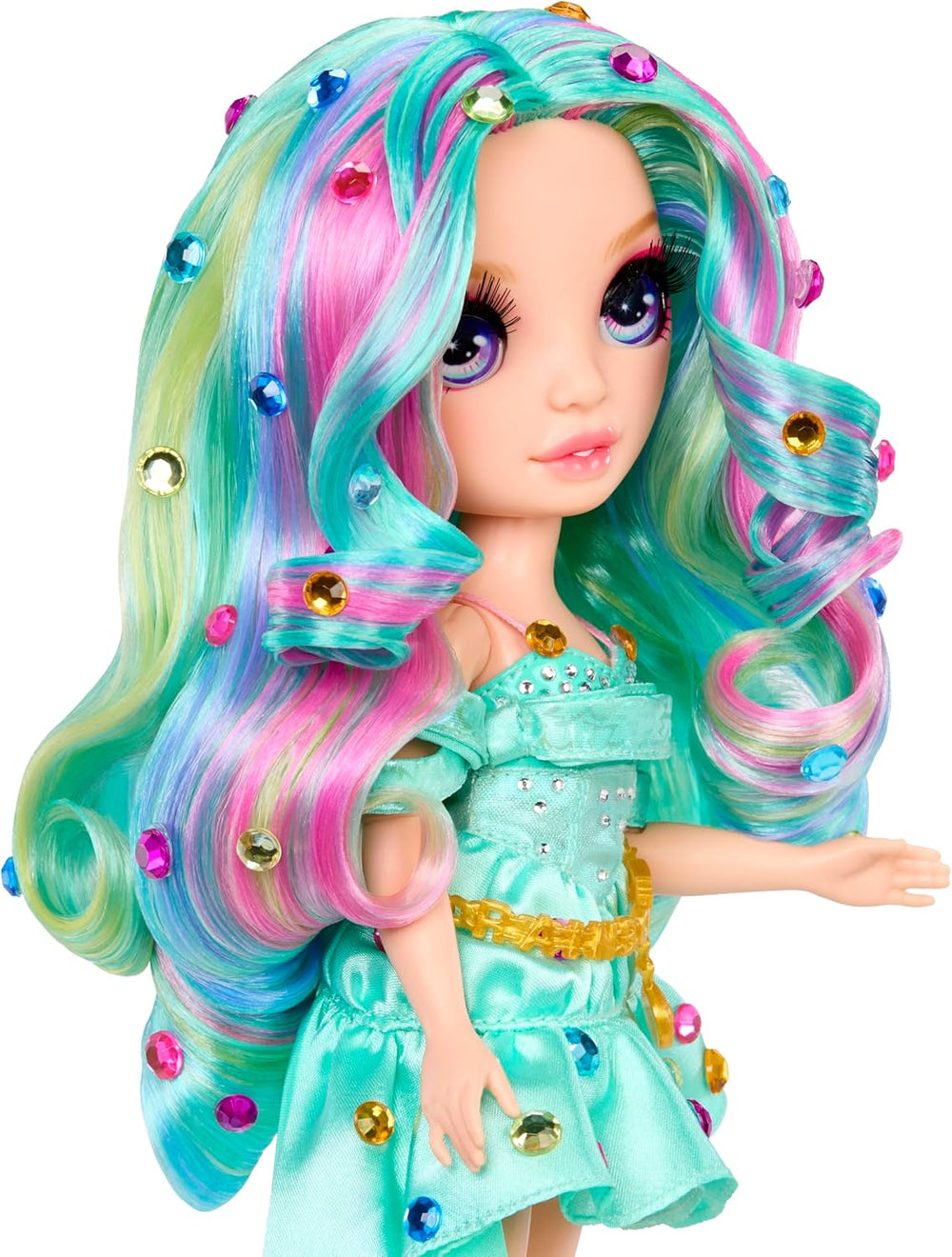 Poupée mannequin Rainbow High Be Dazzling - Celine Turquoise - Bleu-Vert, 28 cm, avec outil de décoration, pierres scintillantes et accessoires de coiffure