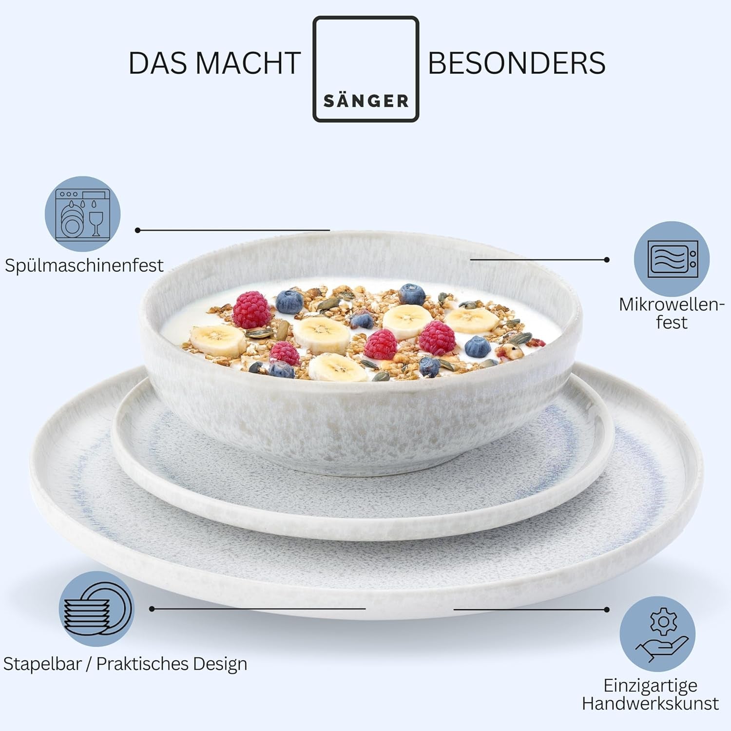 SANGER | Service de table Santorin 12 pièces Service d'assiettes pour 4 personnes TRÈS BON Service de table en grès comprenant des assiettes plates, des assiettes à dessert et des assiettes Suma Crème Lilas Bleu Dégradé | LA COLLECTION PREMIUM