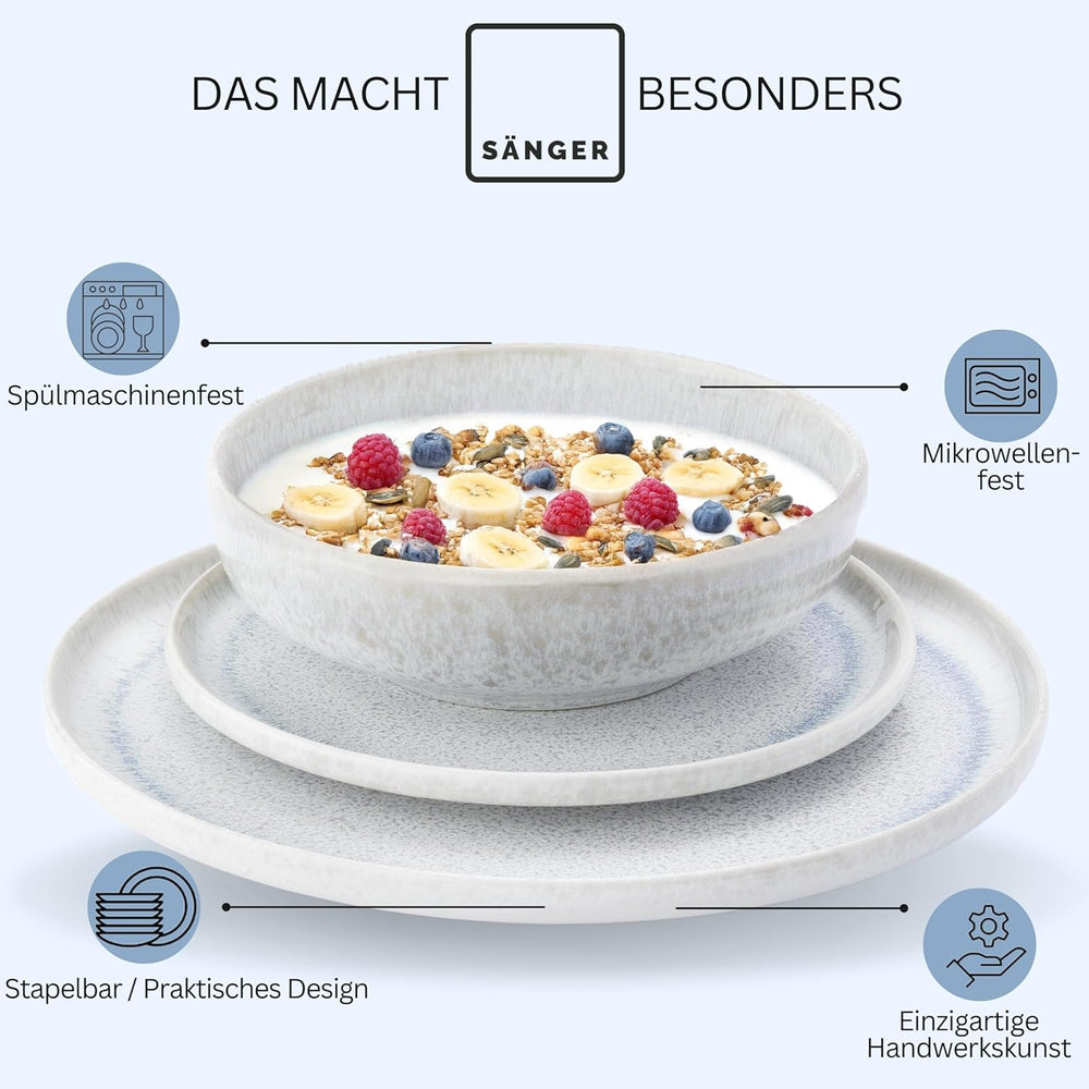 SANGER | Service de table Santorin 12 pièces Service d'assiettes pour 4 personnes TRÈS BON Service de table en grès comprenant des assiettes plates, des assiettes à dessert et des assiettes Suma Crème Lilas Bleu Dégradé | LA COLLECTION PREMIUM