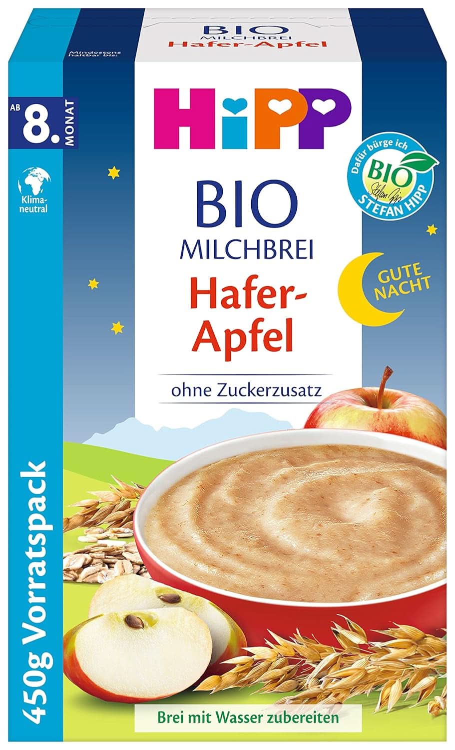 Bouillie de lait biologique Hipp sans sucre ajouté, semoule et banane, emballage de conservation (4X450 grammes) Mère et Enfant Naty Shop 4 x 450 grammes Pomme à l'avoine