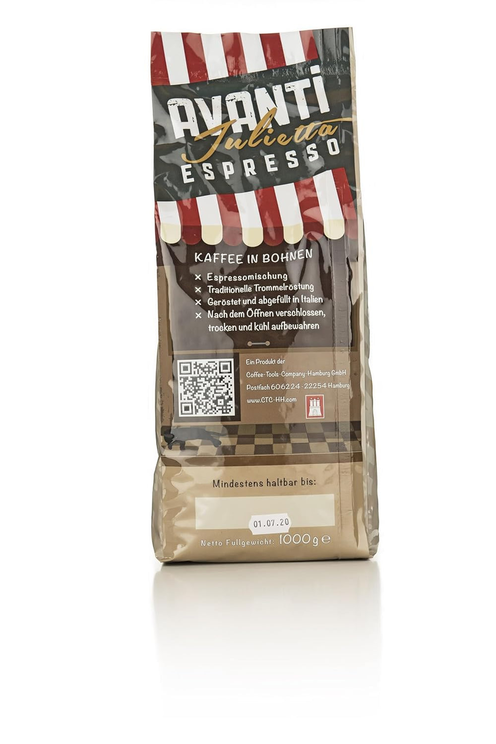 Grains Avanti Espresso Julietta, 1 paquet (1 x 1 kg) | Café expresso en grains 1 kg, forte et faible acidité | Torréfaction fine au tambour avec grains d'espresso Arabica et Robusta
