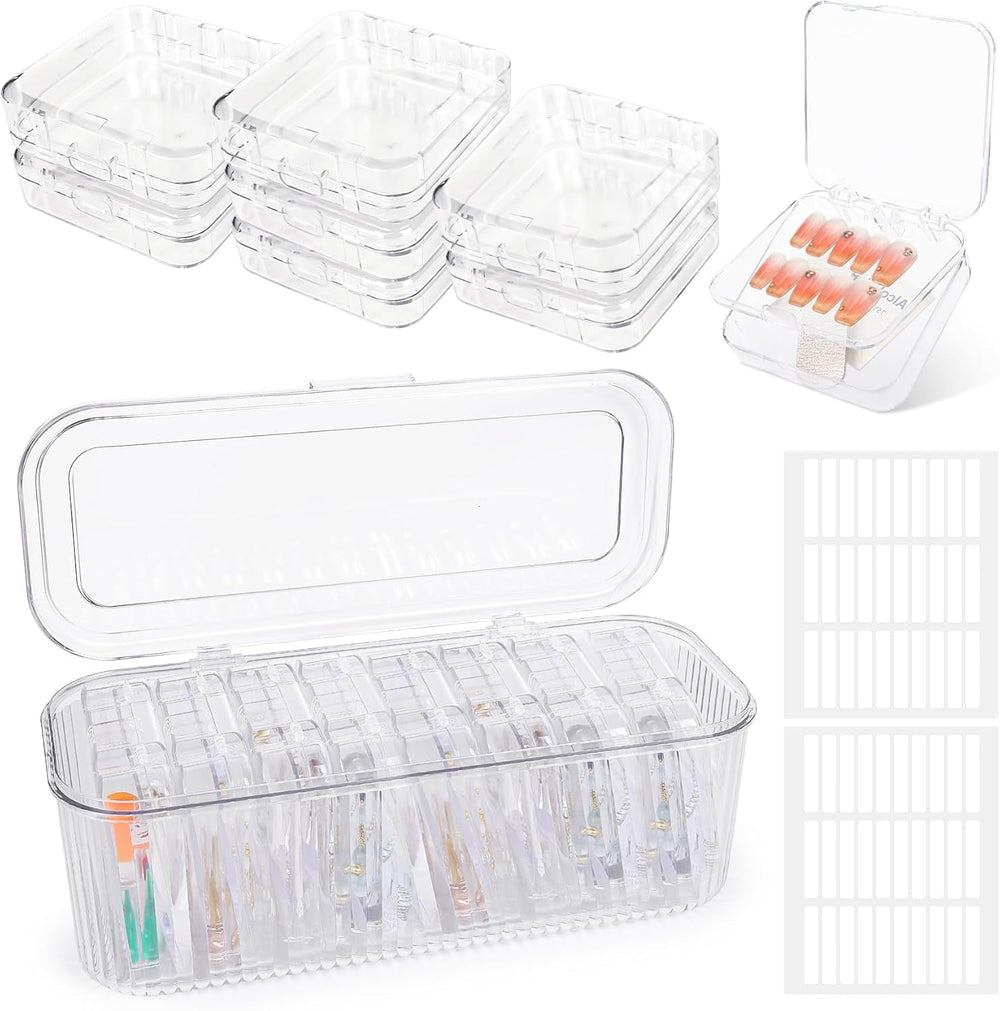 Set de cutii pentru depozitarea unghiilor INMORVEN – 14 cutii transparente pentru unghii + 1 cutie mare și 60 de discuri adezive – Ideal pentru depozitarea unghiilor false, accesoriilor pentru unghii cu gel și ojei (14 bucăți într-un singur strat)