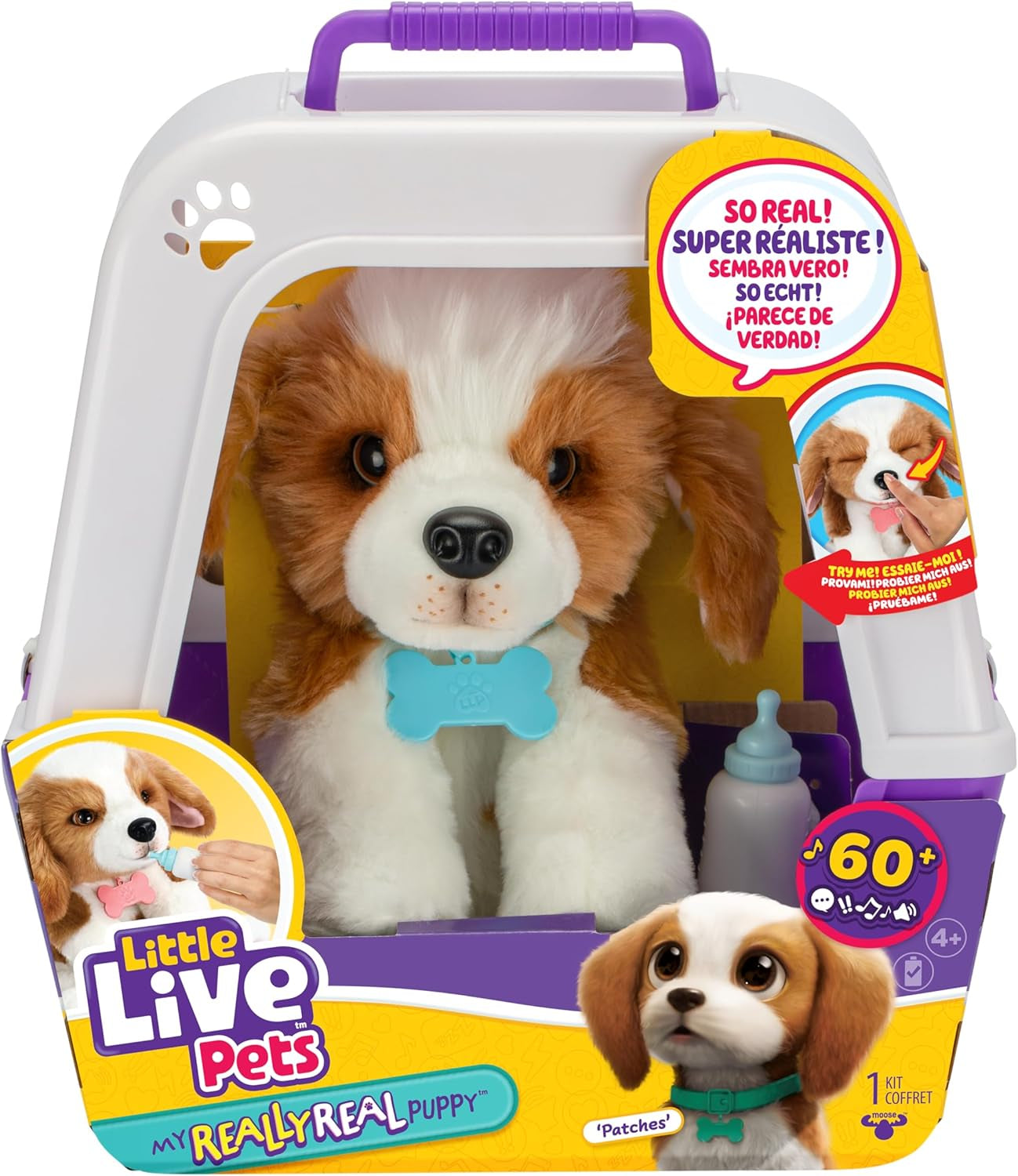 Little Live Pets My Really Real Puppy – Patches; Interaktiver Welpe; 60+ Geräusche/Reaktionen; realistisches Aussehen; 1 aus 72 Varianten; Spielset mit Transportbox; Batterien enthalten; ab 5 Jahren