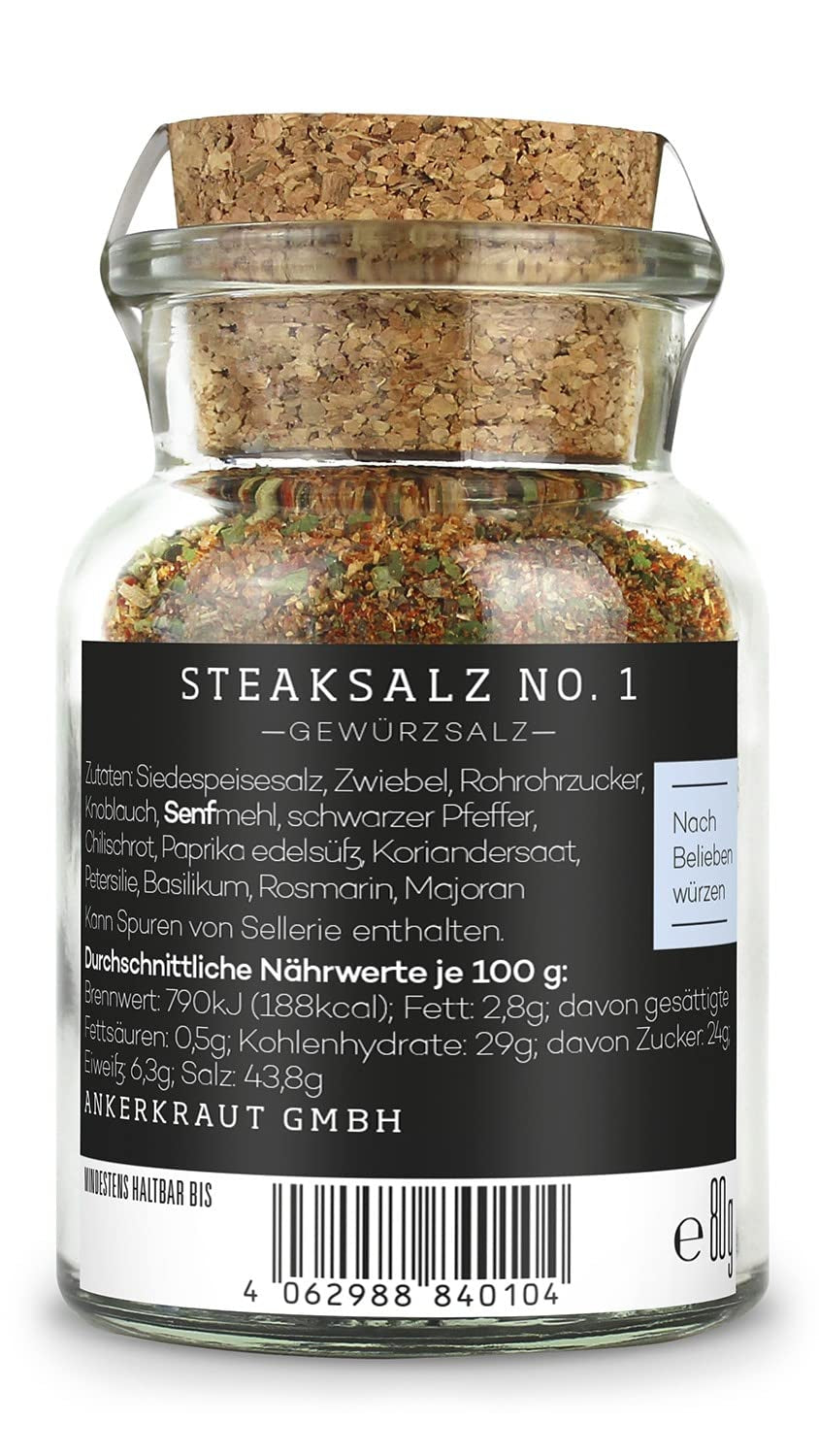 Ankerkraut Steaksalz No. 1, le perfekte Finisher- et Steakhouse-Salz, 80g dans un verre Korkenglas