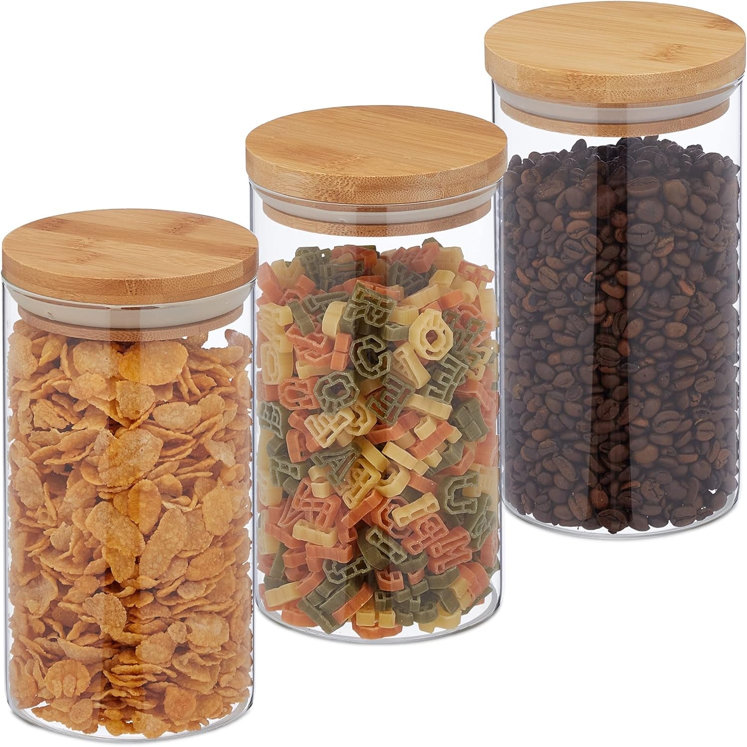 Boites de conservation Relaxdays avec couvercles en bambou lot de 3 bocaux ronds en verre 1000 ml étanches transparent/naturel 18x10 cm Boites de conservation alimentaire Naty Shop transparent/naturel 1000 ml