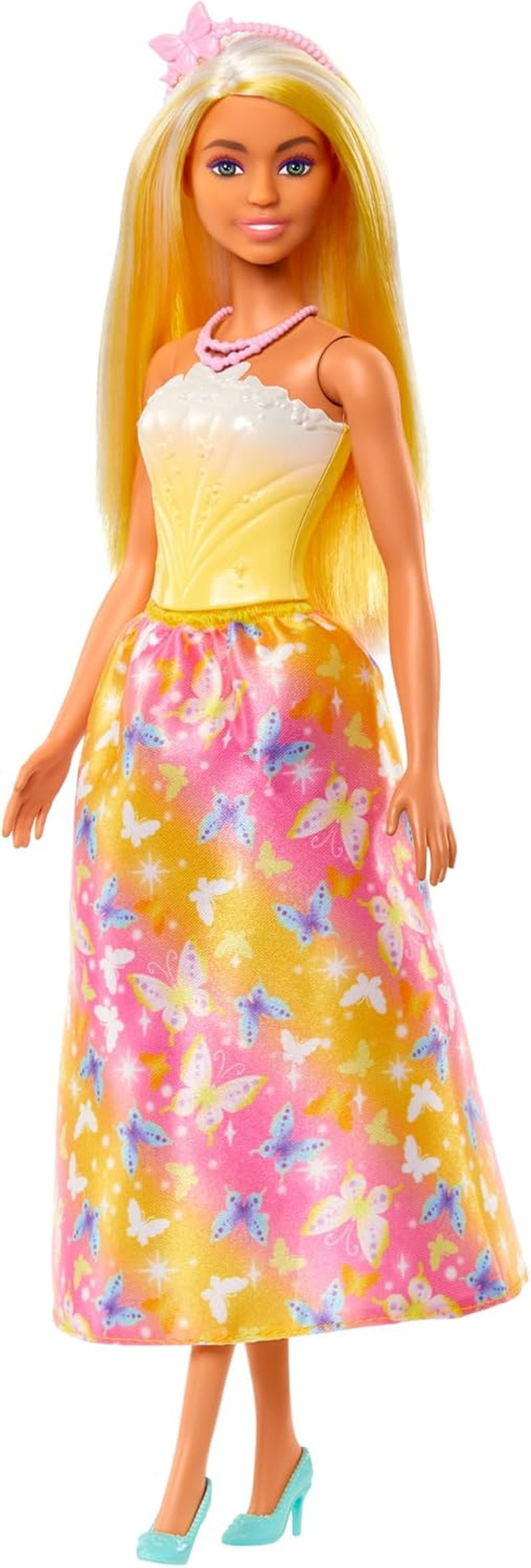 Poupée Barbie Royale avec cheveux fantaisie avec mèches colorées, accessoires colorés, haut jaune dégradé et jupe papillon, HRR09 Naty Shop Dolls