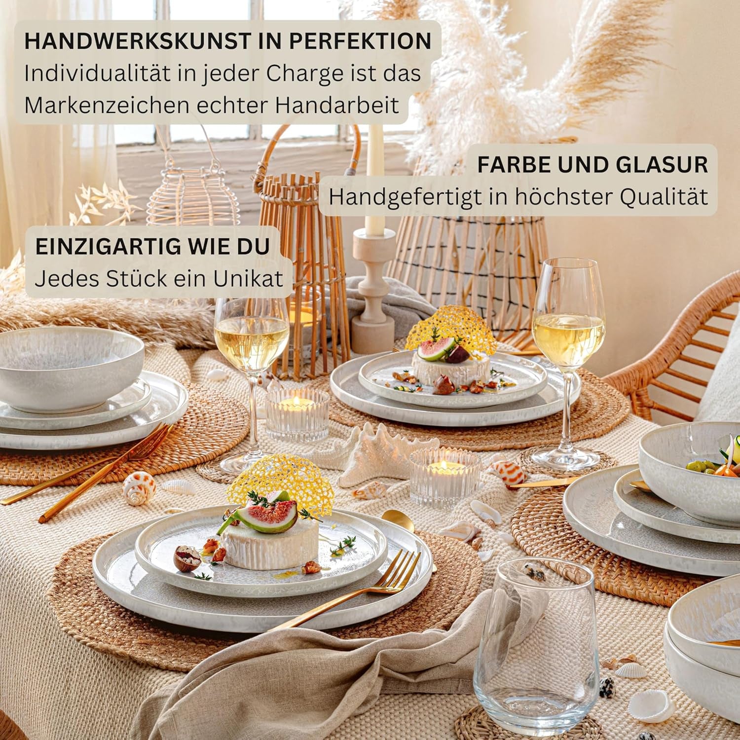 SANGER | Service de table Corfou 24 pièces, service de table pour 8 personnes, service de table en céramique fait à la main, comprenant assiettes à dîner, assiettes à dessert et assiettes Suma, vaisselle crème avec texture sable