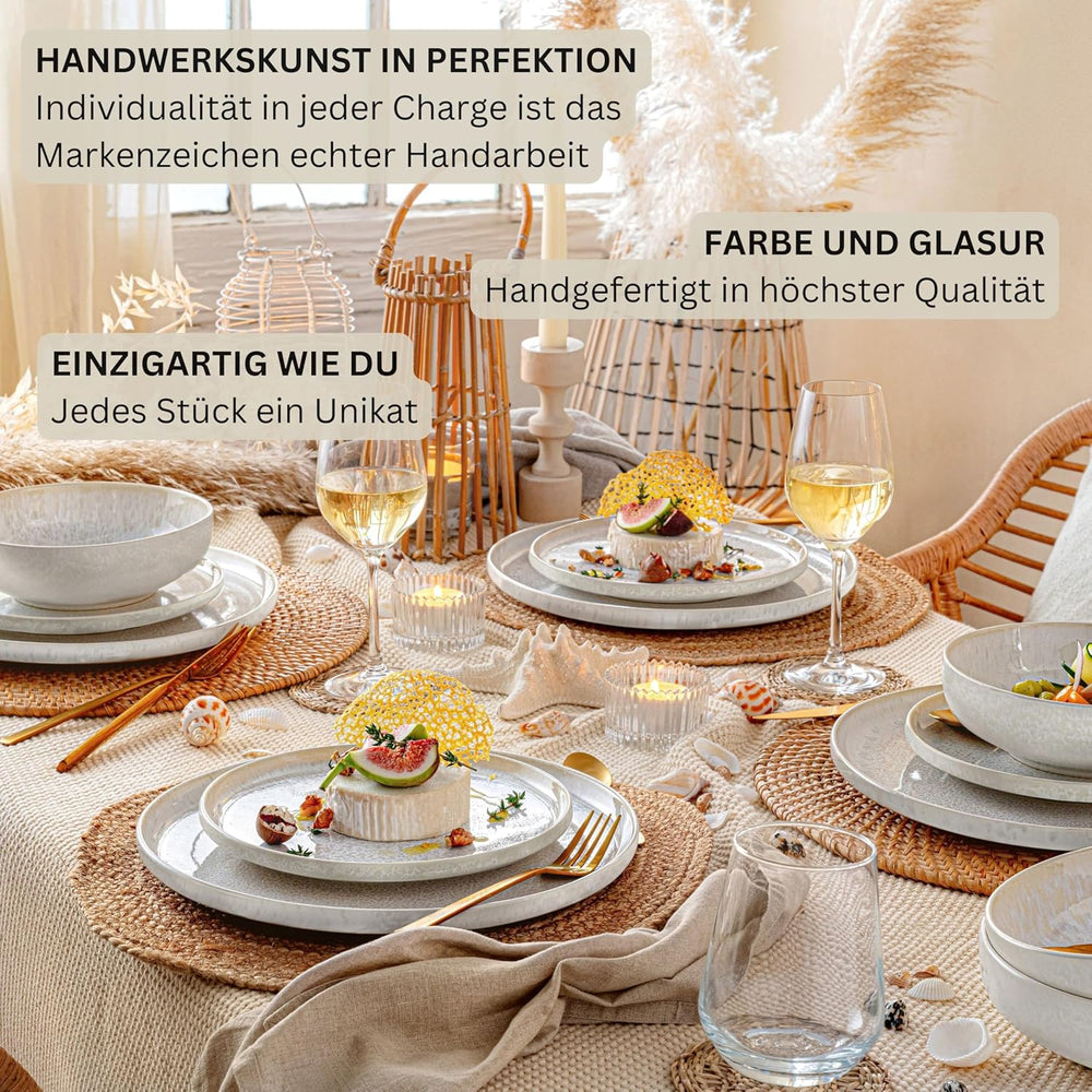 SANGER | Service de table Corfou 24 pièces, service de table pour 8 personnes, service de table en céramique fait à la main, comprenant assiettes à dîner, assiettes à dessert et assiettes Suma, vaisselle crème avec texture sable