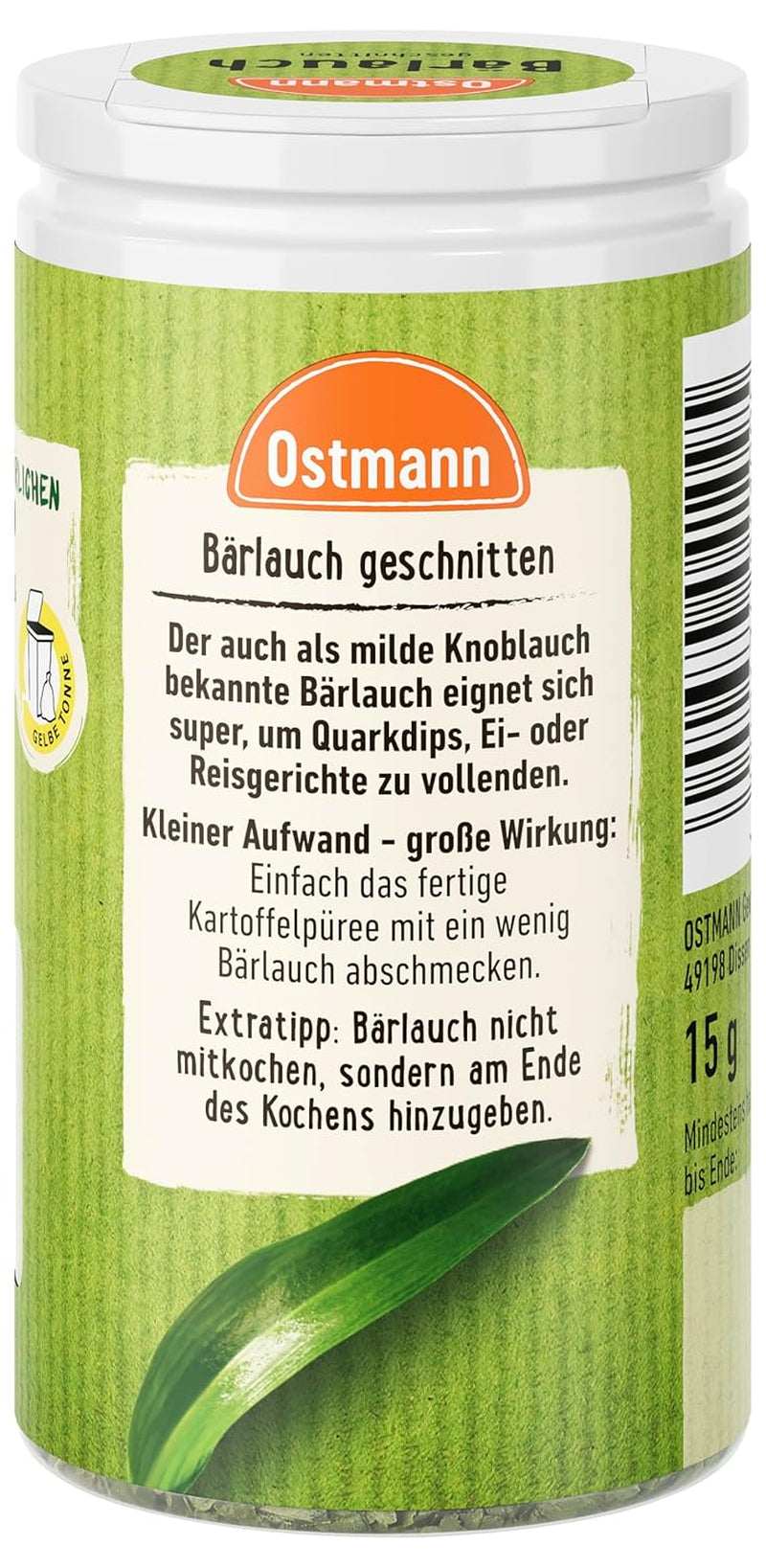 Ostmann Gewürze - Bärlauch geschnitten | Bouton lauch-Geschmack plus doux | Pour l'achat de produits de consommation de Quarkdips | 15 g dans Der Streudose