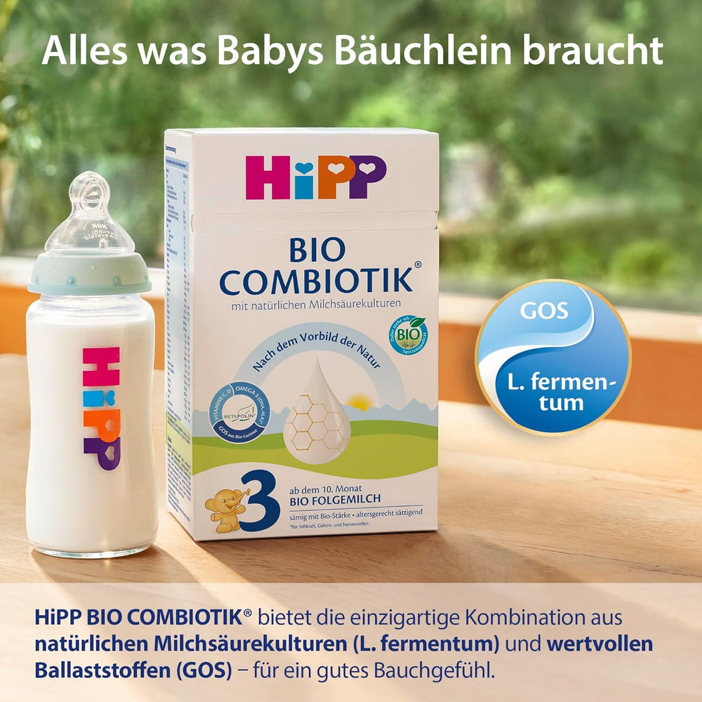 HiPP 3 Bio Combiotik (4 x 600g), lait de suite dès 10 mois, avec cultures naturelles d'acide lactique, vitamines C et D, GOS, Oméga-3 (DHA, ALA), de la meilleure qualité biologique