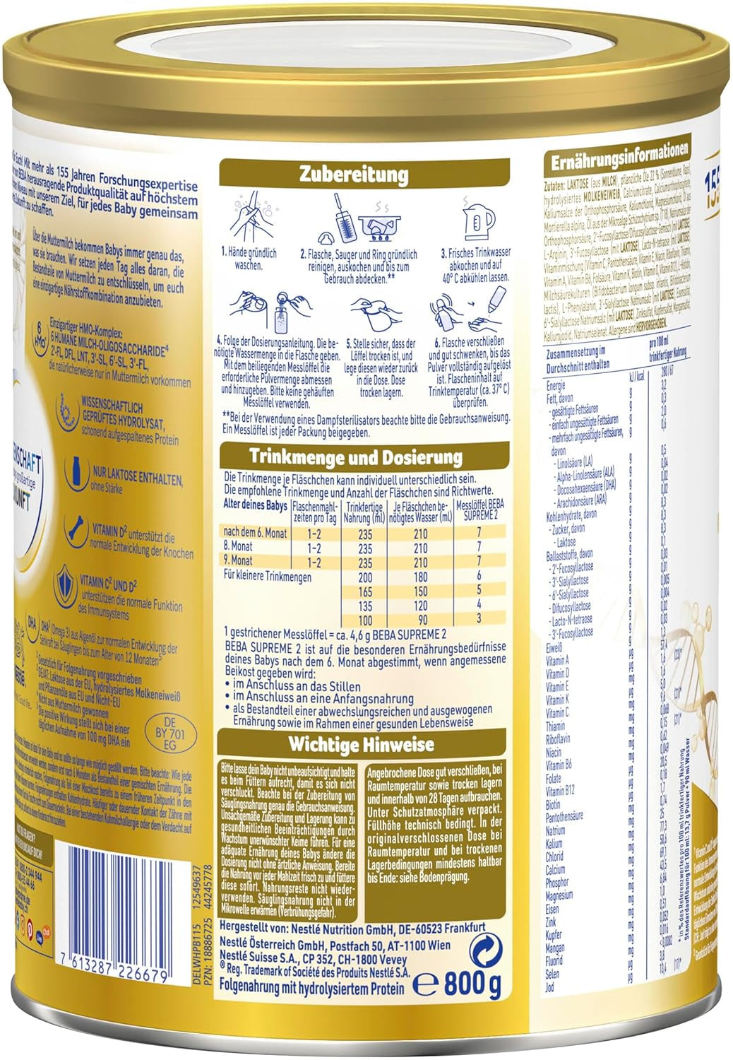 BEBA SUPREME 2 Lait de suite après 6 mois, lactose uniquement, sans huile de palme, pack de 6 (6 x 800g) Naty Shop