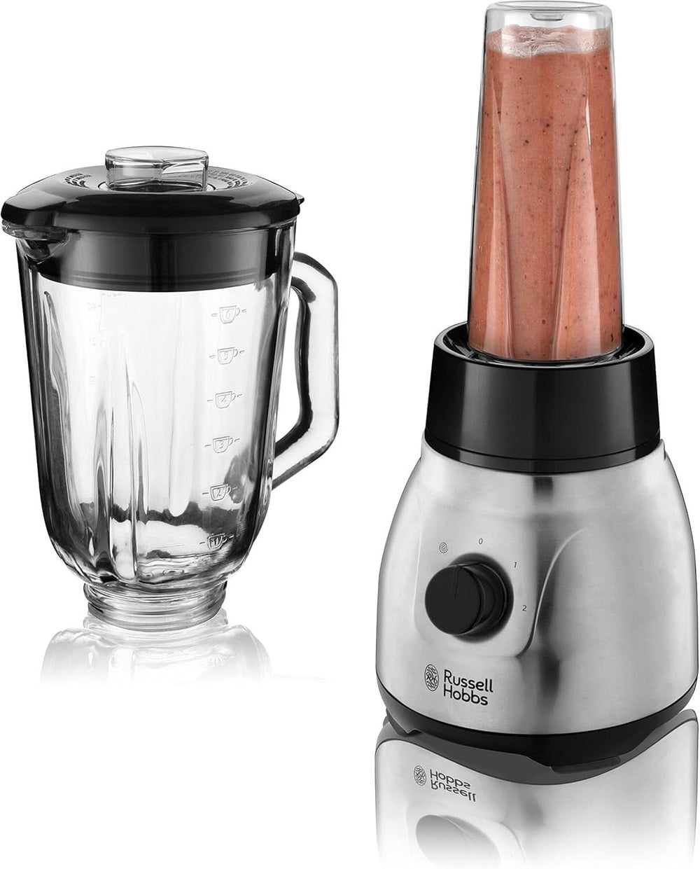 Russell Hobbs Batteur sur socle 2 en 1 [mélangeur en verre de 1,5 L et mini machine à smoothie de 0,6 L - To-Go-Trinkflasche Inkl. Deckel] Spülmaschinenfest, Impuls-/Ice-Crush Funktion, Becher BPA Frei, Edelstahl 23821-56 Kitchen Naty Shop