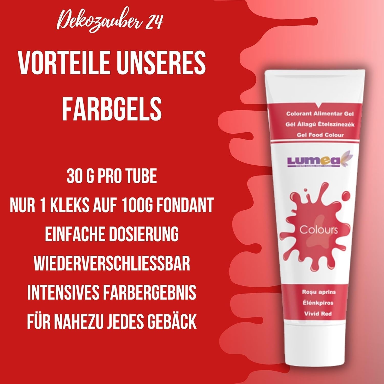 Dekozauber 24 Colorant Alimentaire Rouge, Gel, 30 g, Végétalien, Sans Sucre, Hautement Concentré, Colorant Alimentaire Rouge pour Fondant, Crème au Beurre, Boissons et Plus
