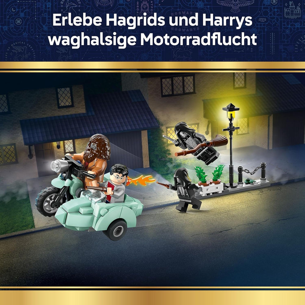 LEGO Harry Potter Hagrids und Harrys Flucht aus dem Ligusterweg - Motorrad Spielzeug mit 4 Minifiguren - 2 Todesser, eine Straßenszene - Geschenk für Mädchen, Jungen und Fans ab 8 Jahren - 76459