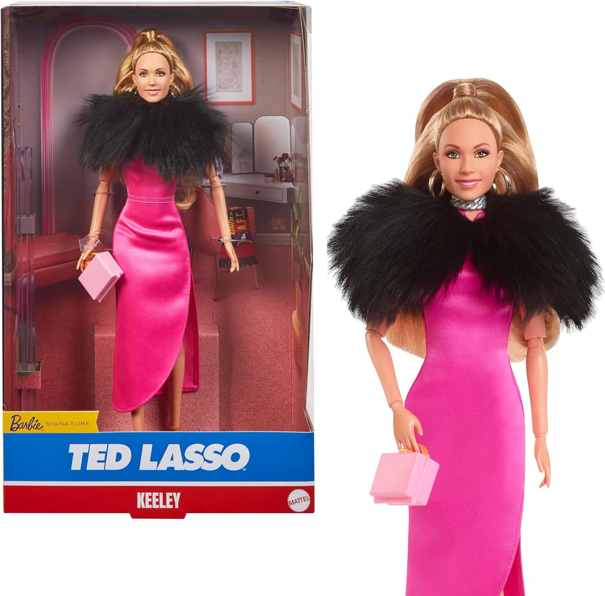 BARBIE Keeley Jones - Poupée de collection inspirée de Ted Lasso, robe midi en soie rose vif, talons hauts dorés, cape noire, boucles d'oreilles créoles dorées, sac rose, à partir de 3 ans, HJW92