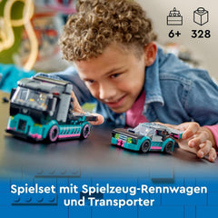 LEGO City Car Transporter avec voiture de course, camion jouet avec rampe de chargement réglable et voiture de course, jeu de construction avec 2 figurines, pilote de course et chauffeur de camion, pour les enfants à partir de 6 ans 60406 Jeux de construction Besuche den LEGO-Store