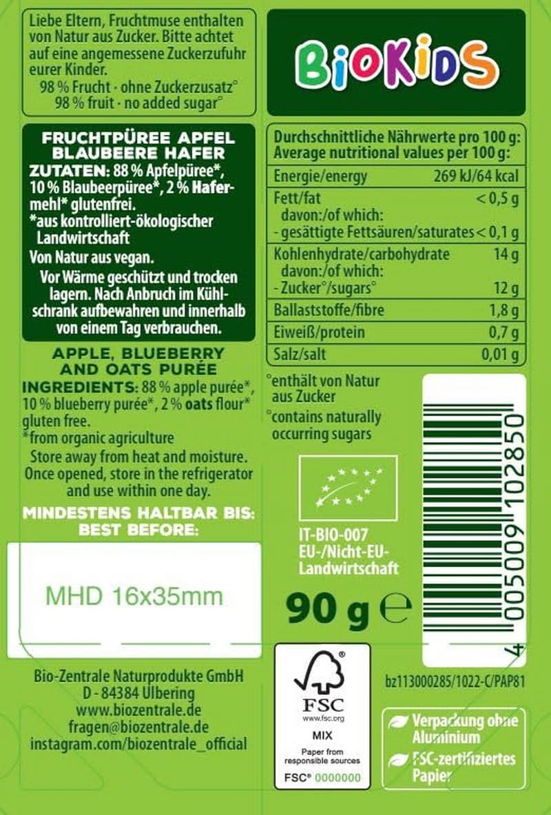 Biozentrale Biokids Purée de fruits pommes myrtilles avoine | 12X90G | Snack végétalien aux fruits et à l'avoine | Sans sucre cristallisé ajouté Mère et Enfant Naty Shop