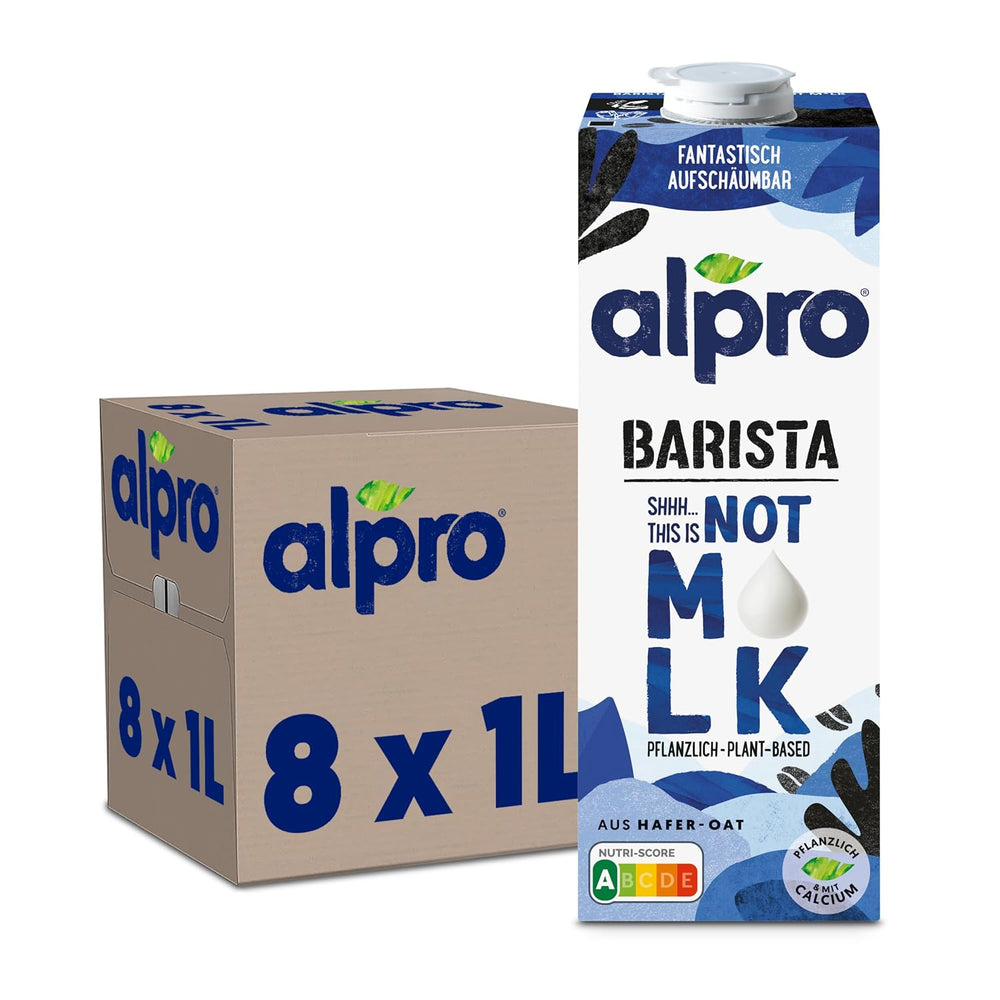 Alpro Barista Haferdrink – Zum Aufschäumen – Vegan et milchfrei – Von Natur aus lactosefrei – Riche en substances de ballast, calcium et vitamines – 8 x 1 L – Haltbar