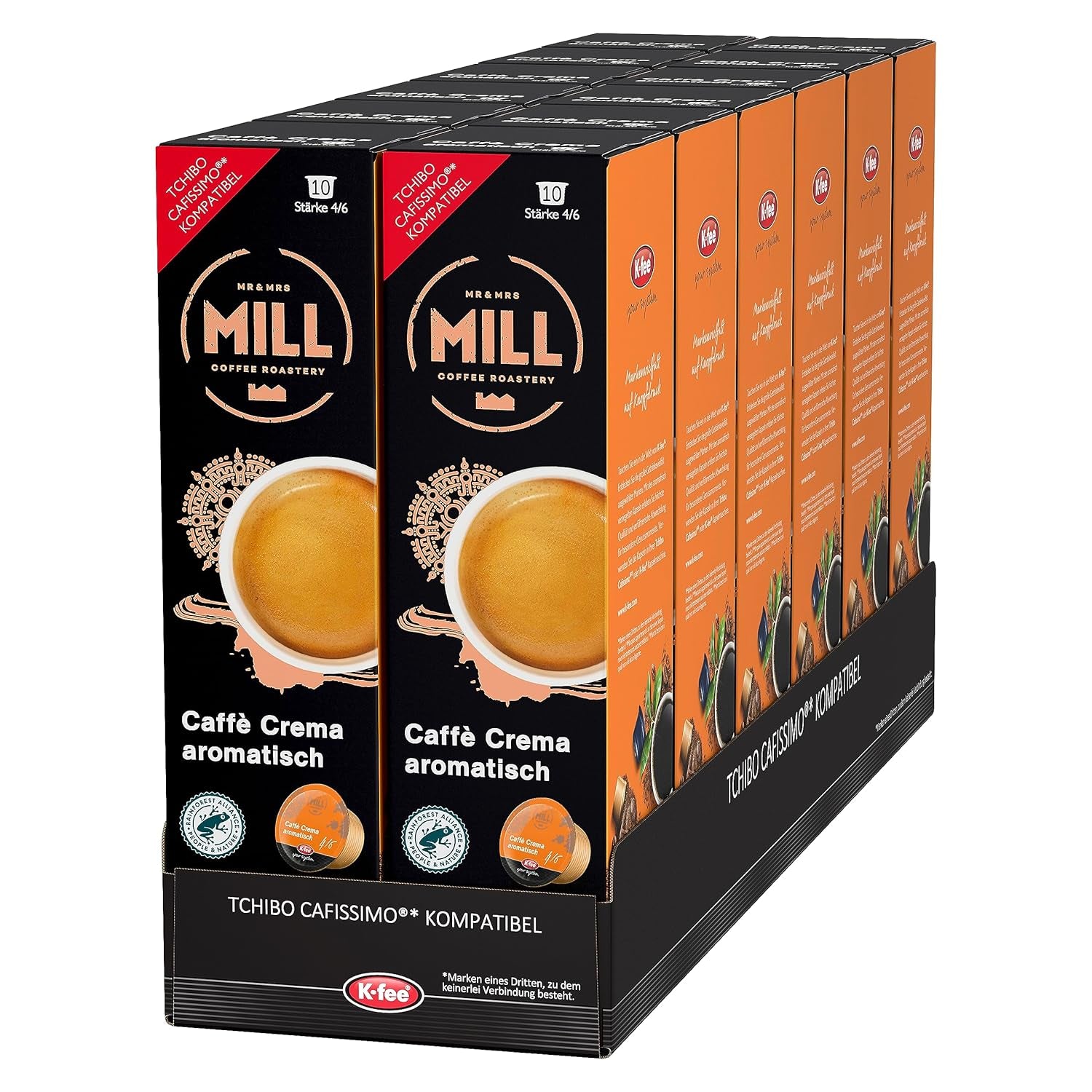 Crème Mr & Mrs Mill Caffè Aromatisch, compatible avec K-fee & Tchibo Cafissimo*, Stärke 4/6, 120 capsules de café