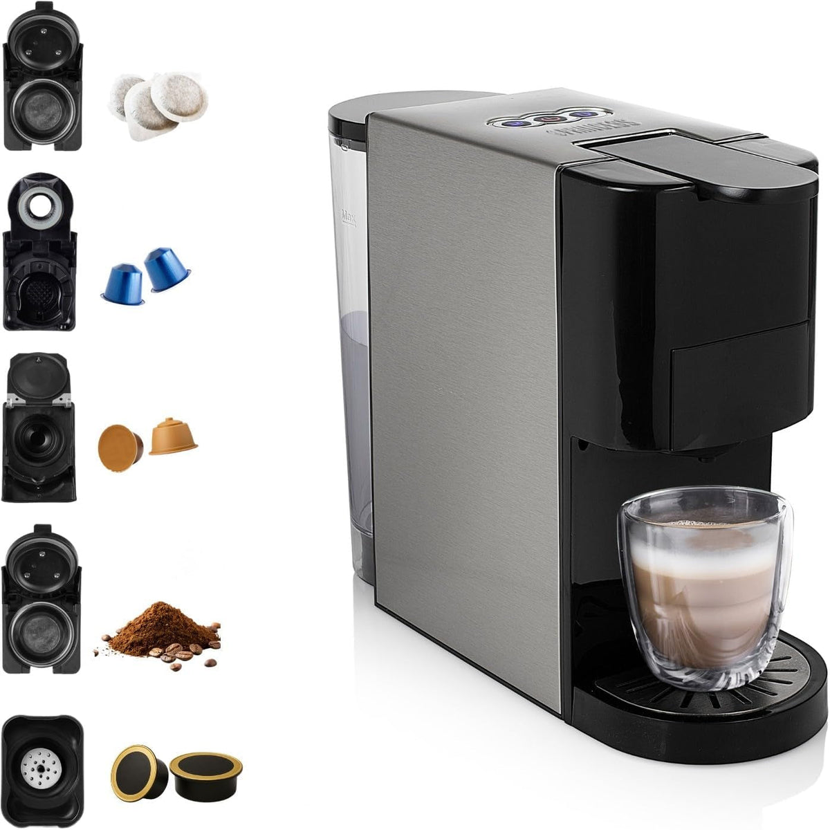 Machine à expresso multicapsules Princess 5 en 1 – Compatible avec Nespresso, Dolce Gusto, Lavazza a Modo Mio et ESE Pads, capacité 0,8 L, 1450 W, argent, noir