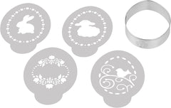 Dr. Oetker Éplucheur d'œufs, comprenant 4 modèles décoratifs de la série Golden Easter, un moule à biscuits et à biscuits (couleur : argent, blanc), quantité : 1 x ensemble de 5 pièces