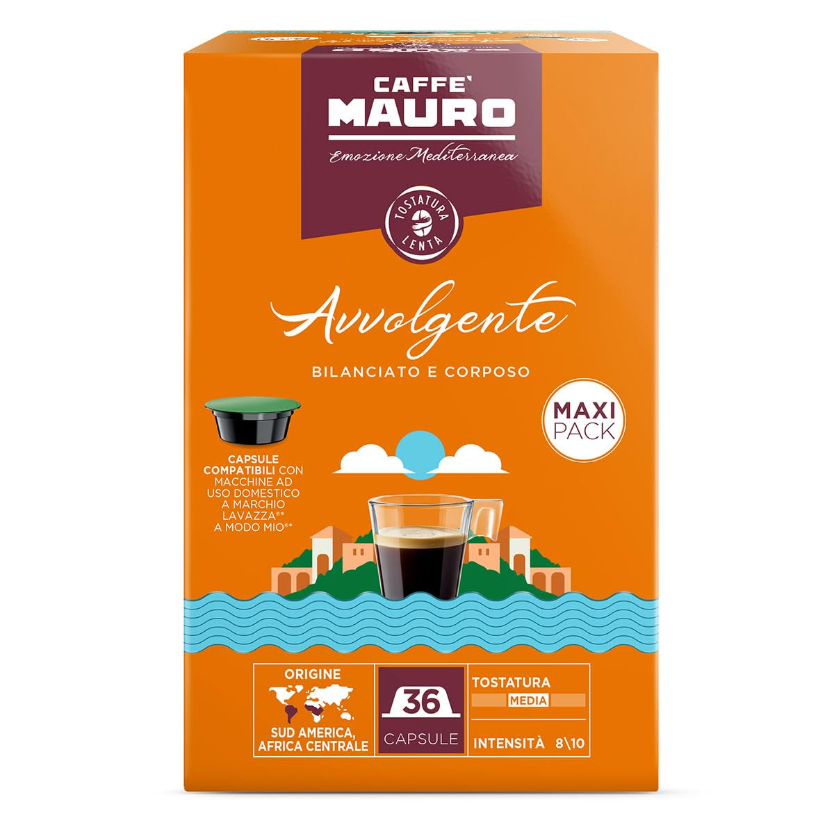 Caffè Mauro Torrefazione Kaffeekapseln Espresso Avvolgente, Intensität 8/10-144 Kapseln Compatible with Kaffeemaschinen der Marke Lavazza* A Modo Mio*, 144 Stück, Hergestellt en Italien
