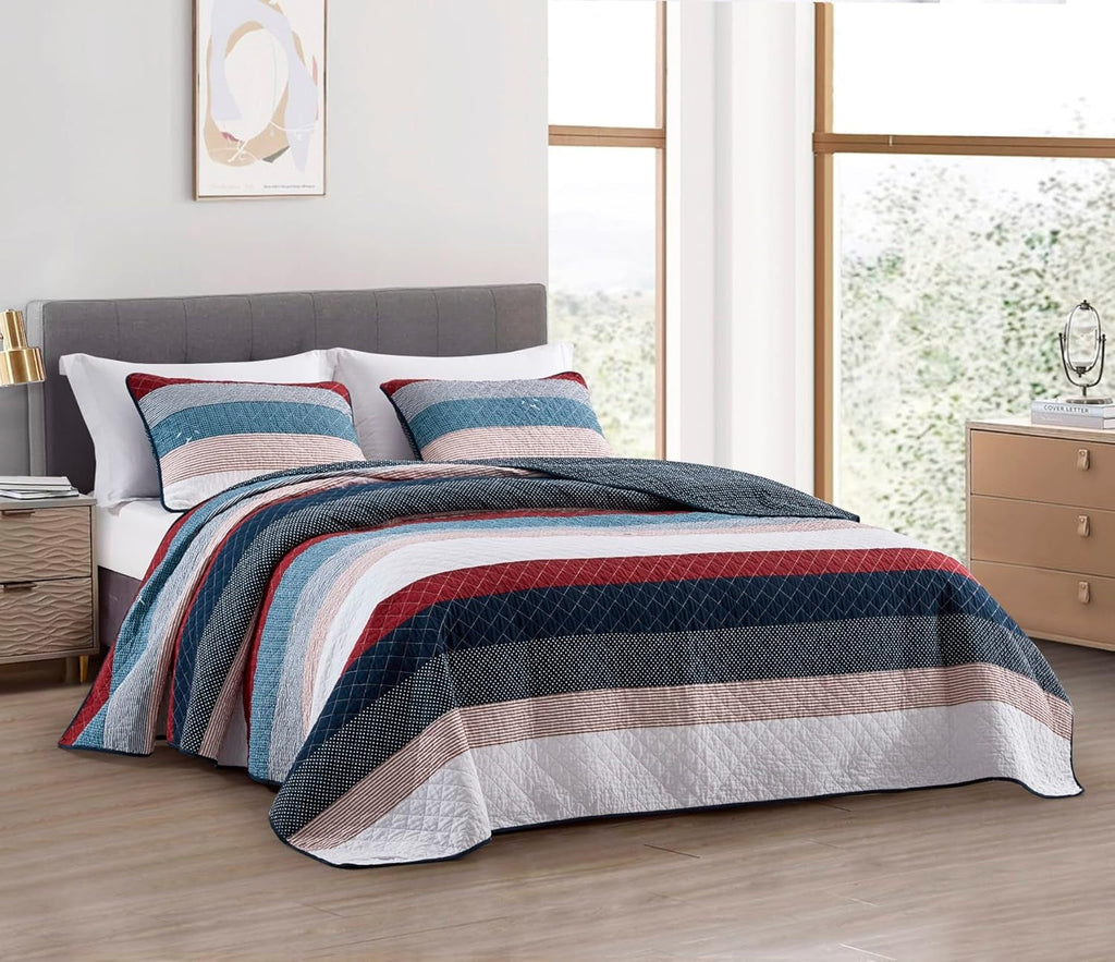 Chezmoi Collection Addy Patchwork Quilt Set bumbac pre-spălat, ușor, reversibil, pentru toate anotimpurile, supradimensionat, 3 piese, albastru marin, alb, gri, taupe, în carouri Plapumi si pilote Naty Shop Patchwork modern, punctat Rege