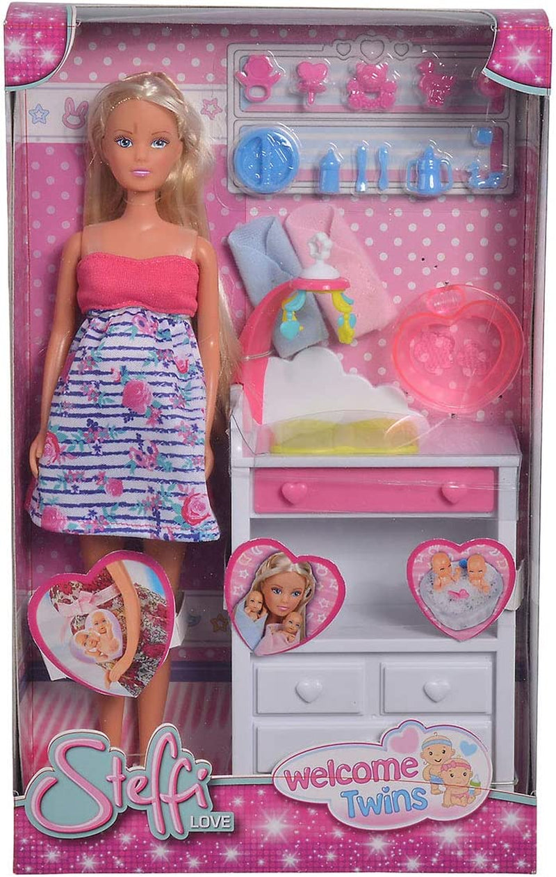 Simba 105733333 - Steffi Love Welcome Twins, poupée enceinte avec jumeaux, table à langer et baignoire, accessoires, poupée mannequin, 29 cm, pour enfants de 3 ans et plus