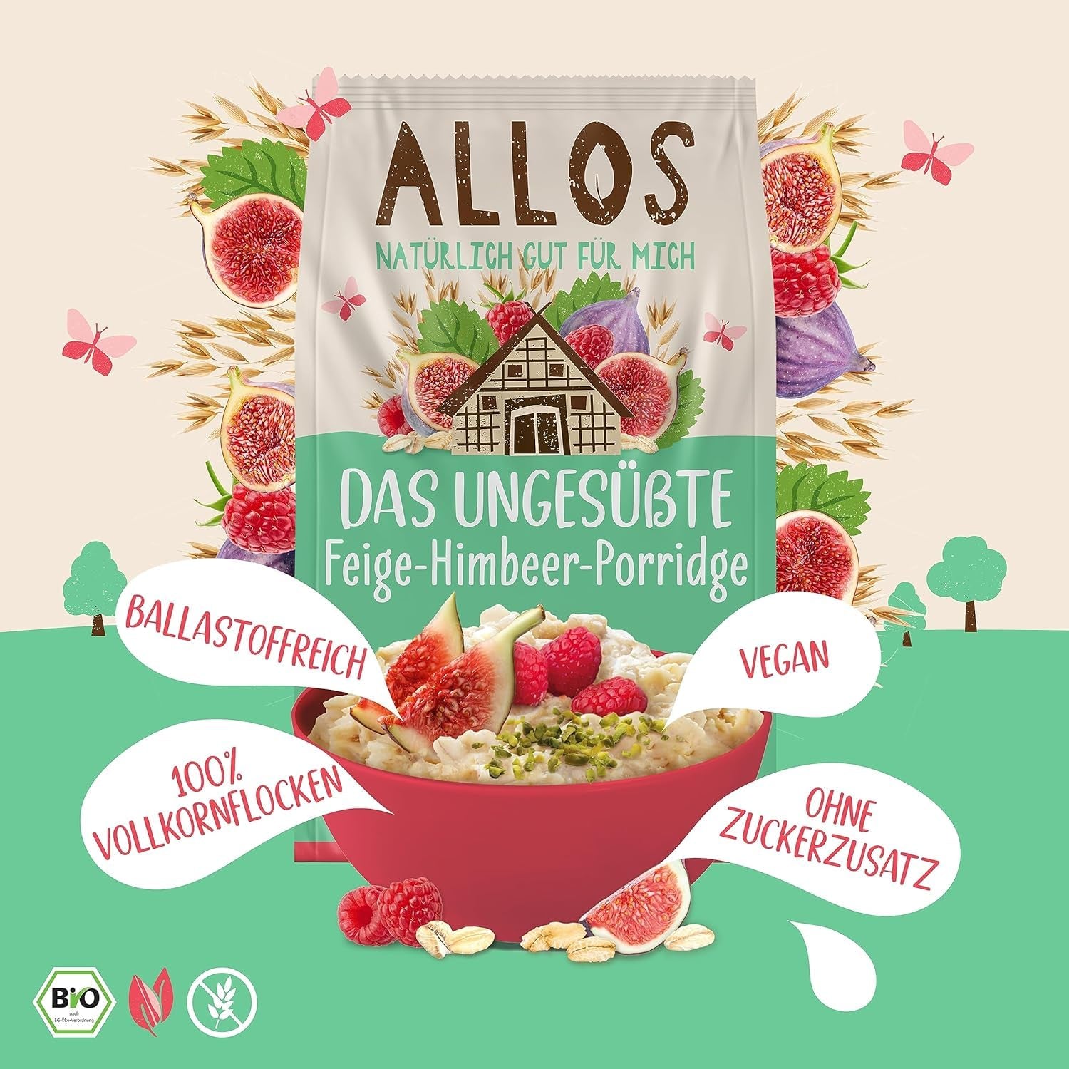 Porridge Allos non sucré aux figues et framboises | Porridge sans sucre | Muesli biologique | Muesli aux fruits | Gruau | Bouillie pour le petit déjeuner | Céréales pour le petit déjeuner | Végétalien | Paquet de 6 (6x500g)